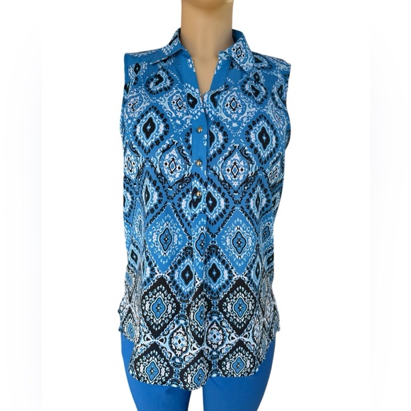 2/$10 Blue Black and White Patterned Women's Smocked Half Button Blouse - Picture 1 of 10